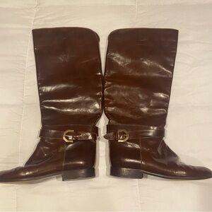 Vero Cuoio Brown Leather Vintage Knee-High Pull on Riding Boots with buckle